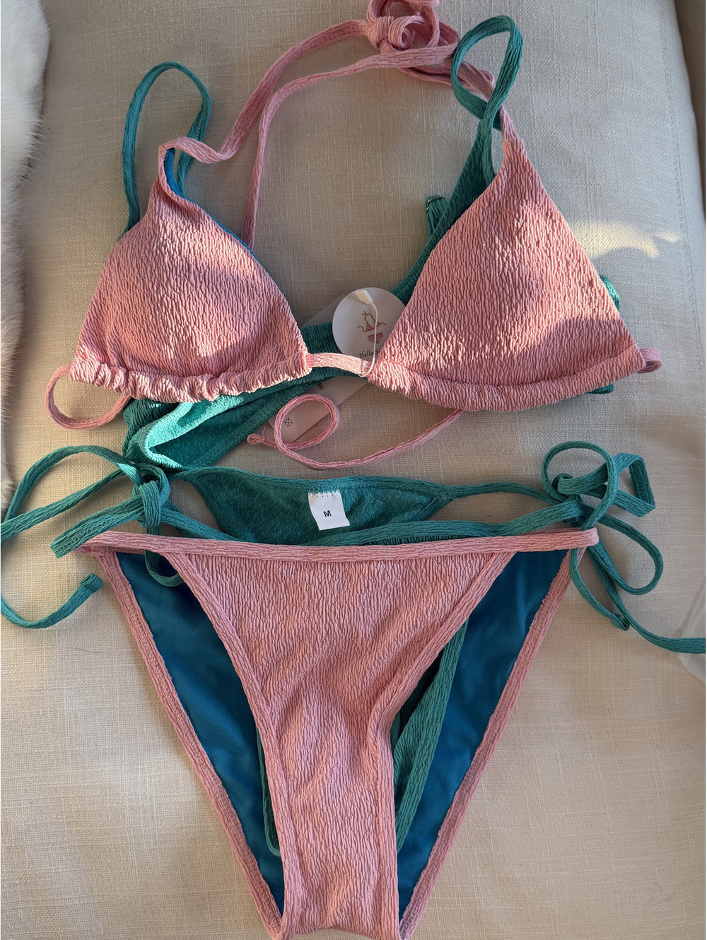 Textured Two-Piece Bikini Set in Pink and Teal, Size M
